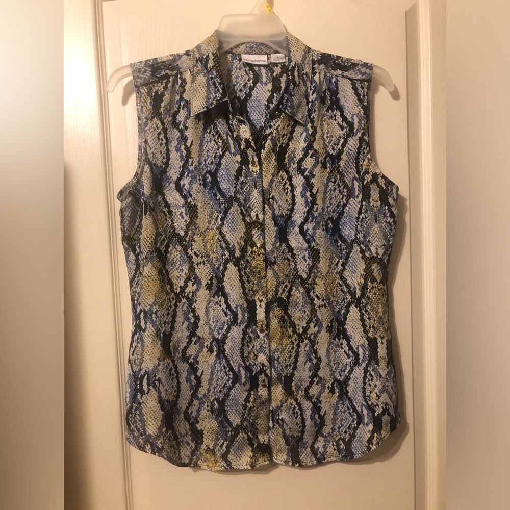 Liz Claiborne Sleeveless Snake Print Shirt - Blue and Yellow
